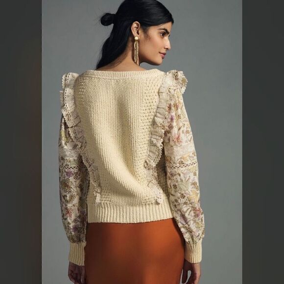 NWT Anthropologie Printed-Sleeve Ruffle Sweater - Picture 2 of 10